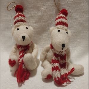 Pottery Barn St. Jude Red and Cream Wool Christmas Bear Ornaments (2)